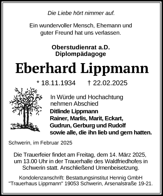 Traueranzeige von Eberhard Lippmann von Zeitung für die Landeshauptstadt