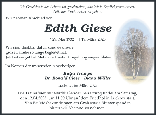 Traueranzeige von Edith Giese von Nordkurier Haff-Zeitung