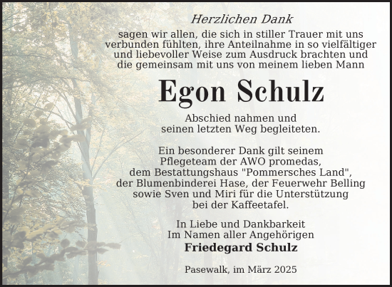 Traueranzeige von Egon Schulz von Nordkurier Pasewalker Zeitung