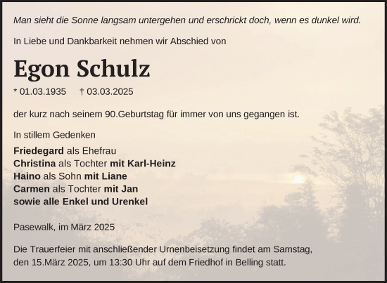 Traueranzeige von Egon Schulz von Nordkurier Pasewalker Zeitung