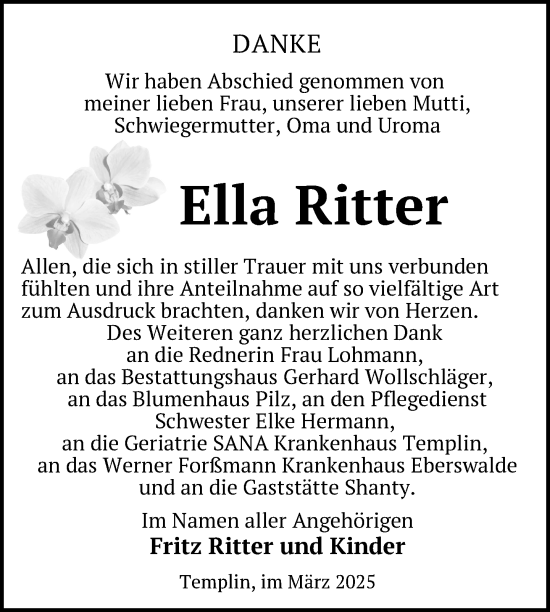 Traueranzeige von Ella Ritter von Uckermark Kurier Templiner Zeitung