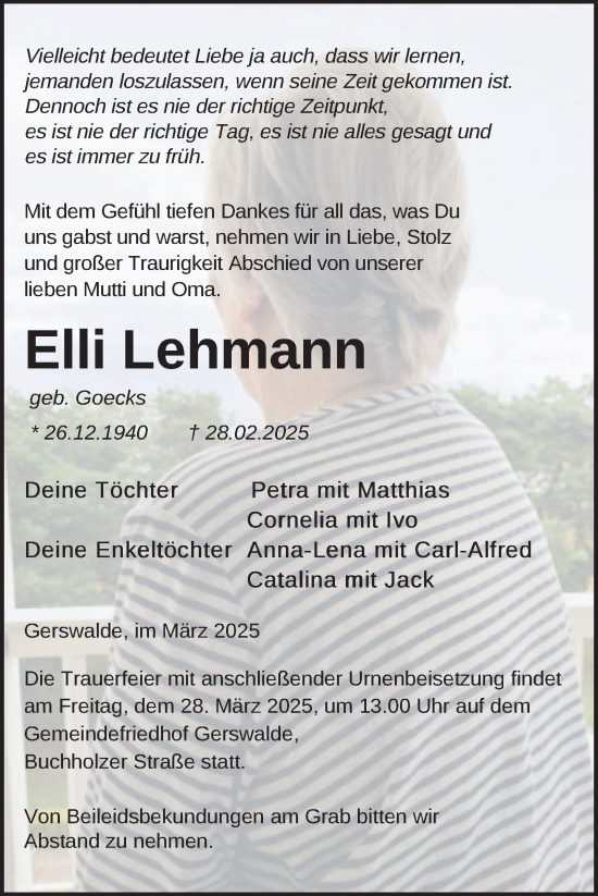 Traueranzeige von Elli Lehmann von Uckermark Kurier Templiner Zeitung