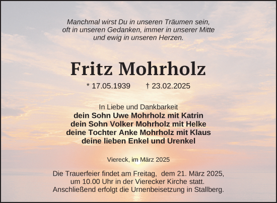 Traueranzeige von Fritz Mohrholz von Nordkurier Pasewalker Zeitung