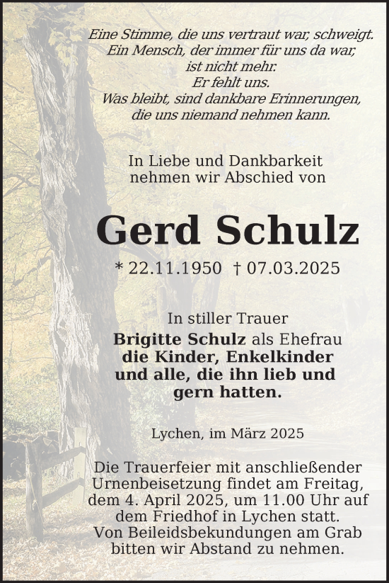 Traueranzeige von Gerd Schulz von Uckermark Kurier Templiner Zeitung