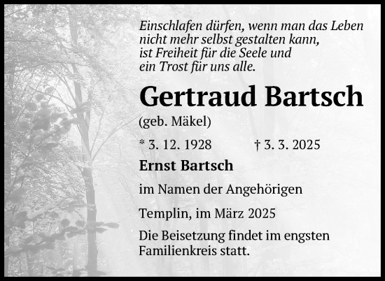 Traueranzeige von Gertraud Bartsch von Uckermark Kurier Templiner Zeitung