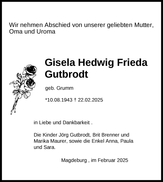 Traueranzeige von Gisela  Gutbrodt von Nordkurier Neubrandenburger Zeitung