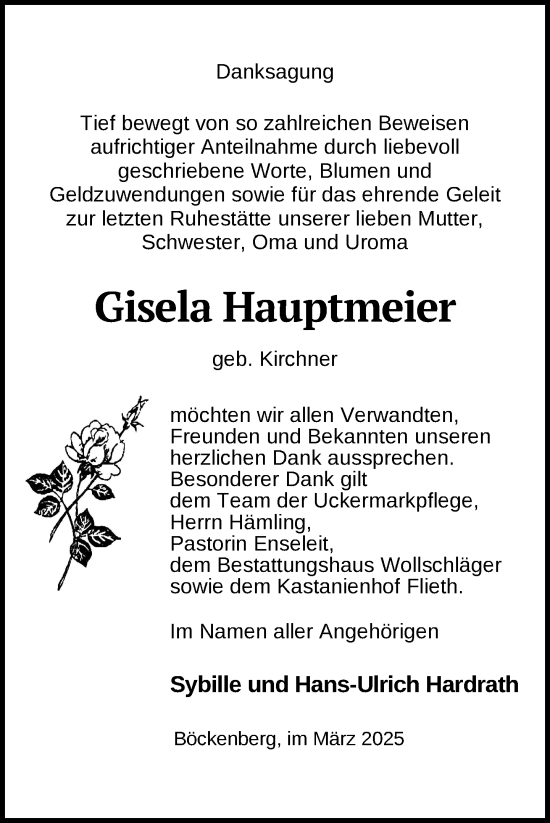 Traueranzeige von Gisela Hauptmeier von Uckermark Kurier Templiner Zeitung