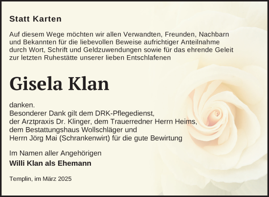 Traueranzeige von Gisela Klan von Uckermark Kurier Templiner Zeitung