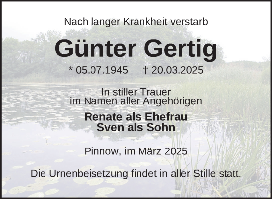 Traueranzeige von Günter Gertig von Uckermark Kurier Templiner Zeitung
