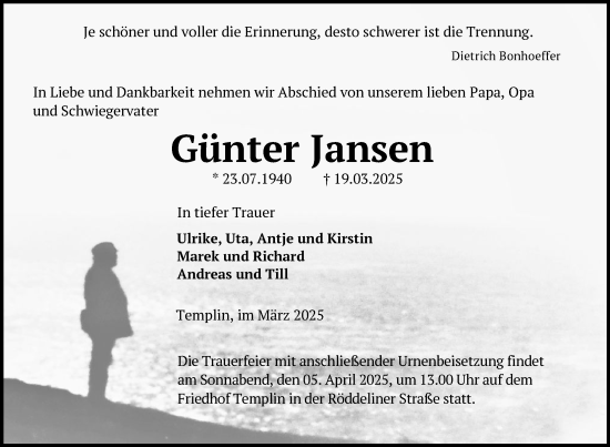 Traueranzeige von Günter Jansen von Uckermark Kurier Templiner Zeitung