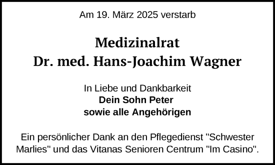 Traueranzeige von Hans-Joachim Wagner von Zeitung für die Landeshauptstadt