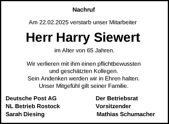 Traueranzeige von Harry Siewert von Nordkurier Strelitzer Zeitung