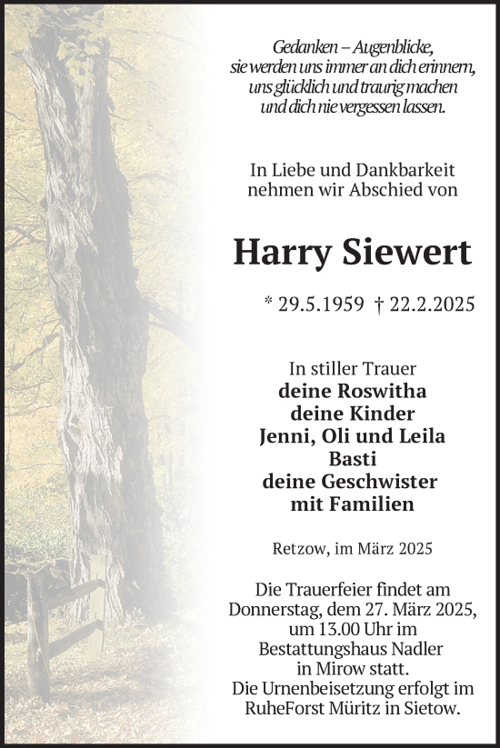 Traueranzeige von Harry Siewert von Nordkurier Strelitzer Zeitung