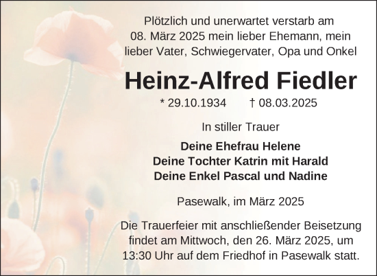 Traueranzeige von Heinz-Alfred Fiedler von Nordkurier Pasewalker Zeitung