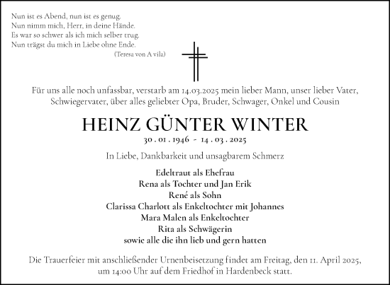 Traueranzeige von Heinz Günter Winter von Uckermark Kurier Templiner Zeitung