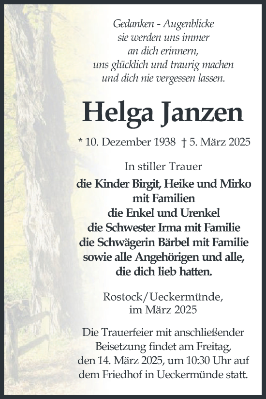 Traueranzeige von Helga Janzen von Nordkurier Haff-Zeitung