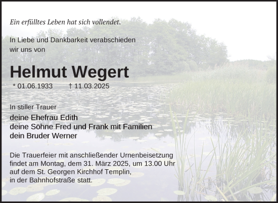 Traueranzeige von Helmut Wegert von Uckermark Kurier Templiner Zeitung