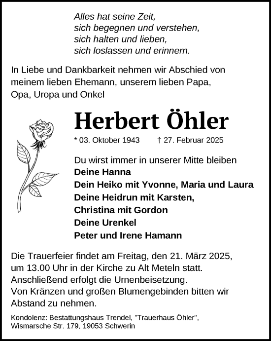 Traueranzeige von Herbert Öhler von Zeitung für die Landeshauptstadt