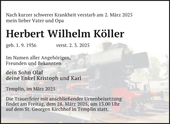 Traueranzeige von Herbert Wilhelm Köller von Uckermark Kurier Templiner Zeitung