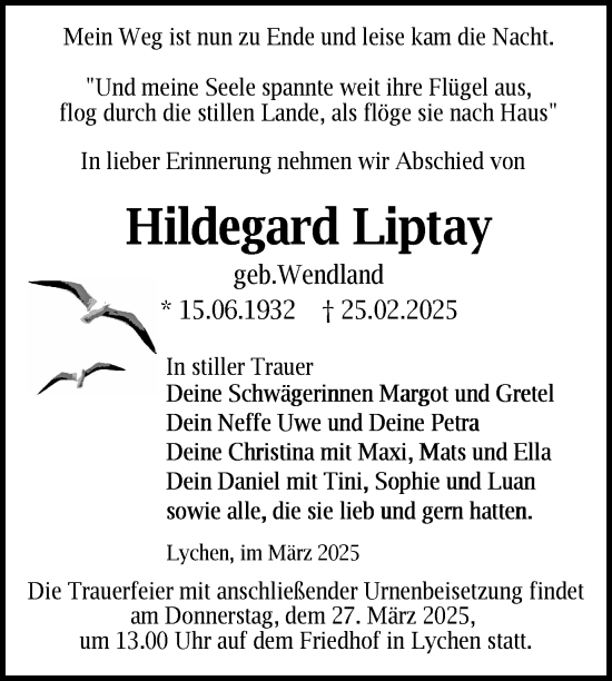 Traueranzeige von Hildegard Liptay von Uckermark Kurier Templiner Zeitung