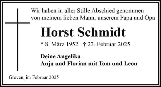 Traueranzeige von Horst Schmidt von Hagenower Kreisblatt