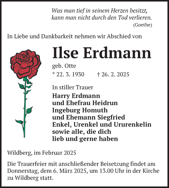 Traueranzeige von Ilse Erdmann von Nordkurier Neubrandenburger Zeitung