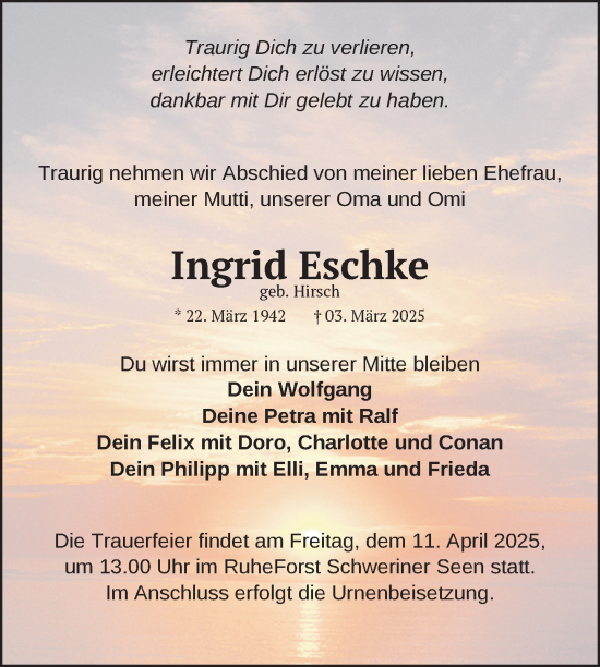 Traueranzeige von Ingrid Eschke von Nordkurier Neubrandenburger Zeitung