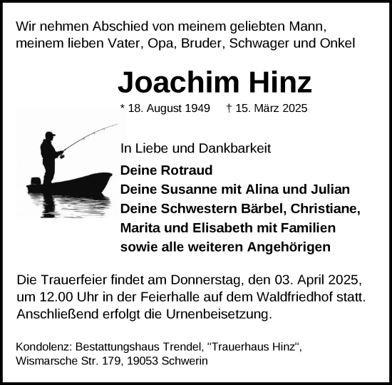 Traueranzeige von Joachim Hinz von Zeitung für die Landeshauptstadt