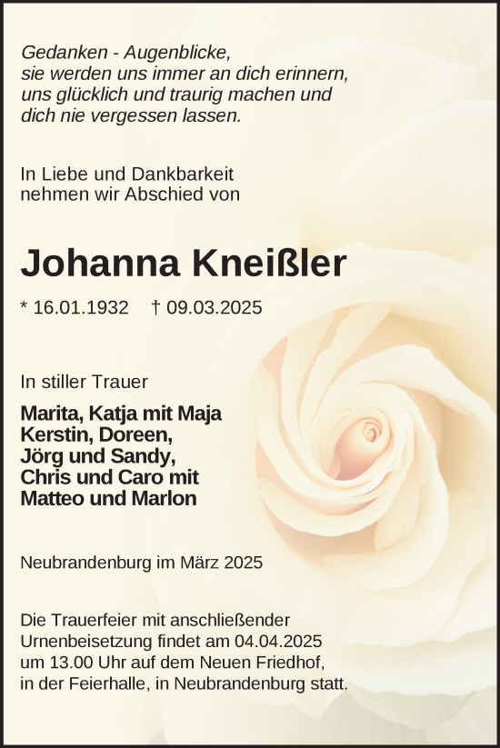 Traueranzeige von Johanna Kneißler von Nordkurier Neubrandenburger Zeitung