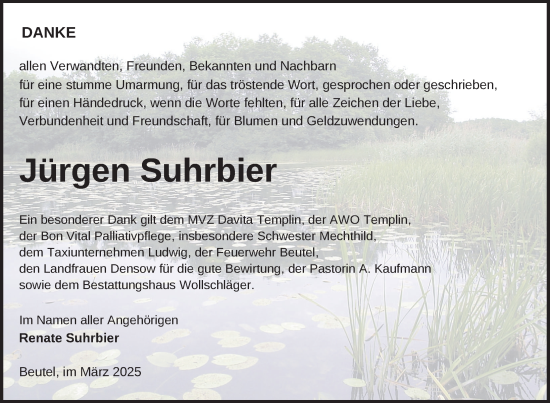 Traueranzeige von Jürgen Suhrbier von Uckermark Kurier Templiner Zeitung