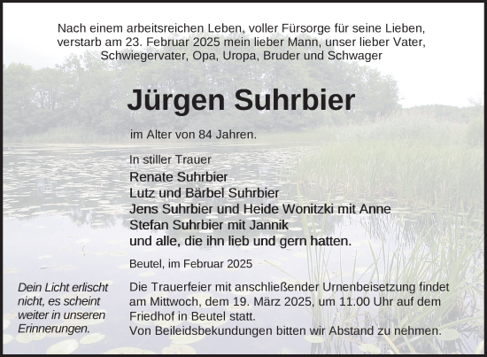 Traueranzeige von Jürgen Suhrbier von Uckermark Kurier Templiner Zeitung