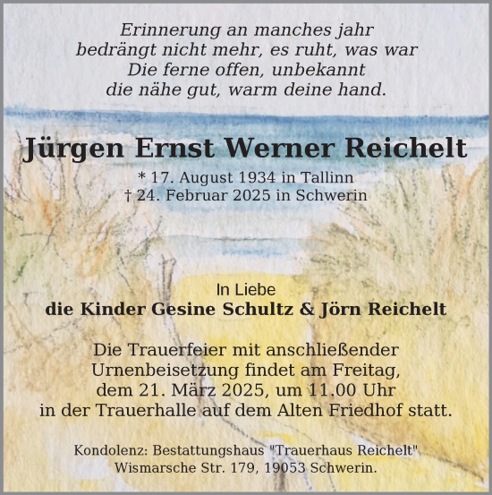 Traueranzeige von Jürgen Ernst Werner Reichelt von Zeitung für die Landeshauptstadt