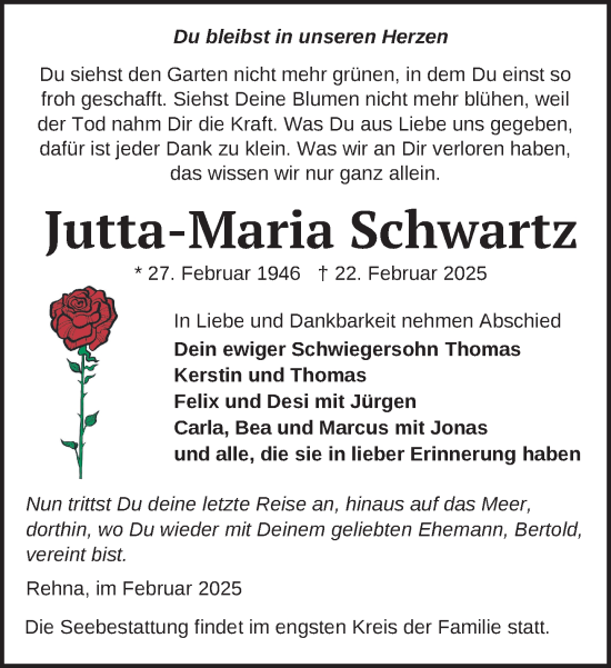 Traueranzeige von Jutta-Maria Schwartz von Gadebusch - Rehnaer Zeitung