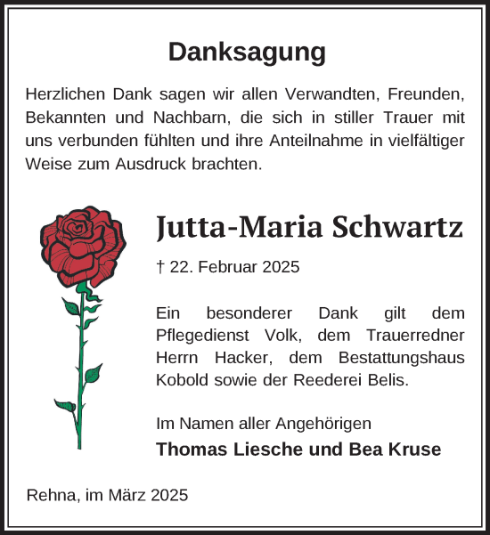 Traueranzeige von Jutta-Maria Schwartz von Gadebusch - Rehnaer Zeitung