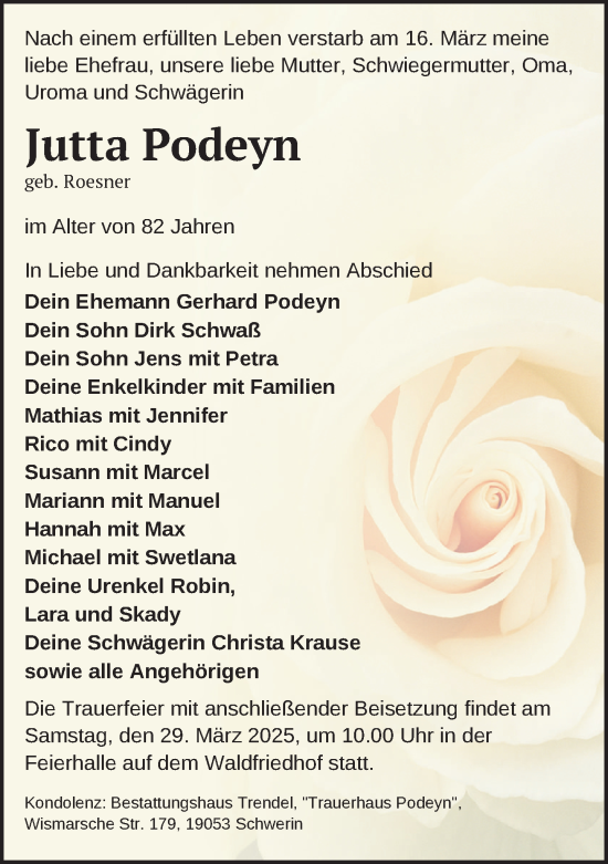 Traueranzeige von Jutta Podeyn von Zeitung für die Landeshauptstadt