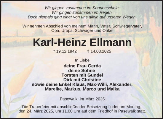 Traueranzeige von Karl-Heinz Ellmann von Nordkurier Pasewalker Zeitung