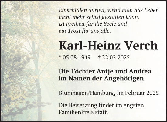 Traueranzeige von Karl-Heinz Verch von Nordkurier Pasewalker Zeitung