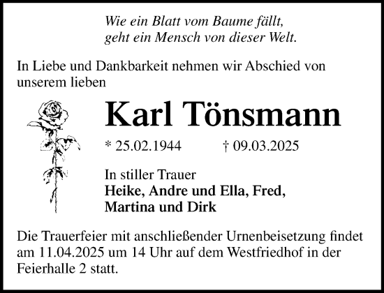Traueranzeige von Karl Tönsmann von Norddeutsche Neueste Nachrichten