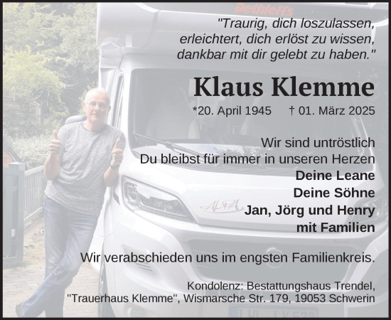 Traueranzeige von Klaus Klemme von Zeitung für die Landeshauptstadt