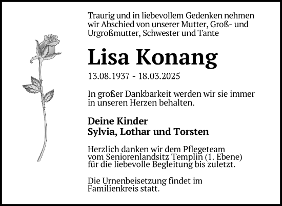 Traueranzeige von Lisa Konang von Uckermark Kurier Templiner Zeitung