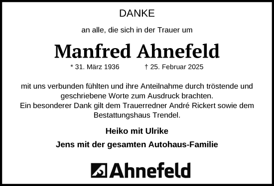 Traueranzeige von Manfred Ahnefeld von SVZ / NNN / PRI Gesamt