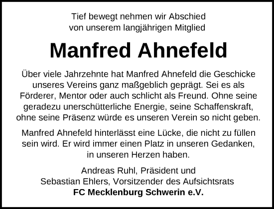 Traueranzeige von Manfred Ahnefeld von Zeitung für die Landeshauptstadt