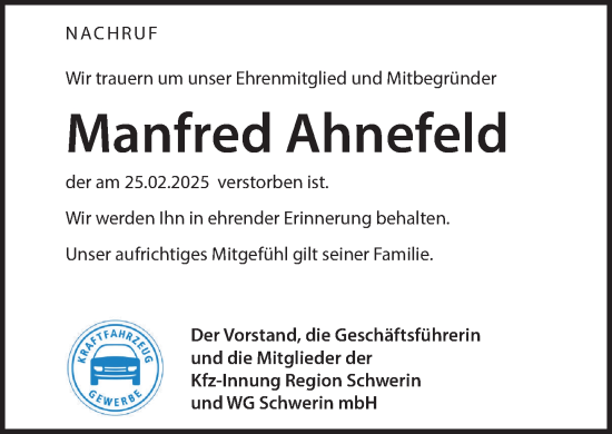 Traueranzeige von Manfred Ahnefeld 