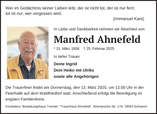 Traueranzeige von Manfred Ahnefeld von Zeitung für die Landeshauptstadt