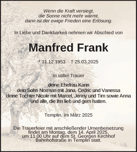 Traueranzeige von Manfred Frank von Uckermark Kurier Templiner Zeitung
