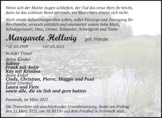 Traueranzeige von Margarete Hellwig von Nordkurier Pasewalker Zeitung