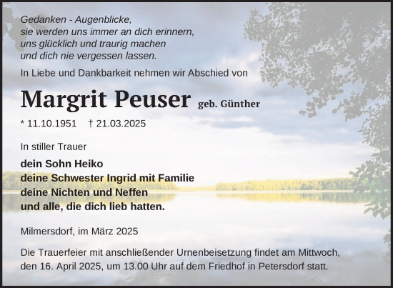 Traueranzeige von Margrit Peuser von Uckermark Kurier Templiner Zeitung