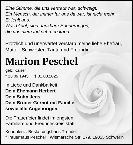 Traueranzeige von Marion Peschel von Zeitung für die Landeshauptstadt
