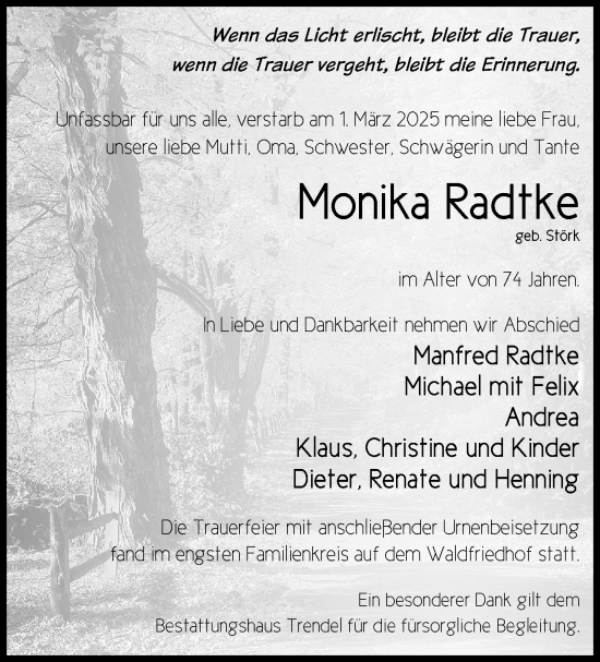 Traueranzeige von Monika Radtke von Zeitung für die Landeshauptstadt