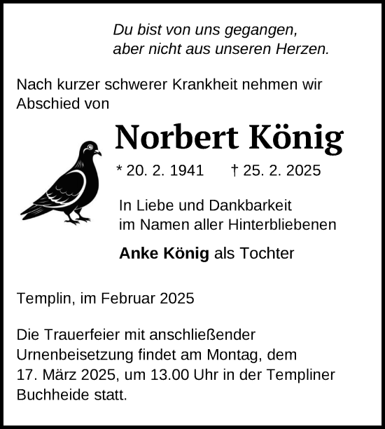 Traueranzeige von Norbert König von Uckermark Kurier Templiner Zeitung